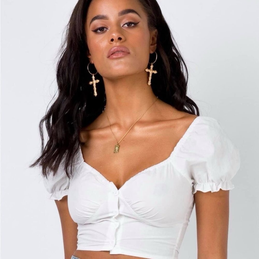 Princess Polly White Cropped Puff Sleeve Top